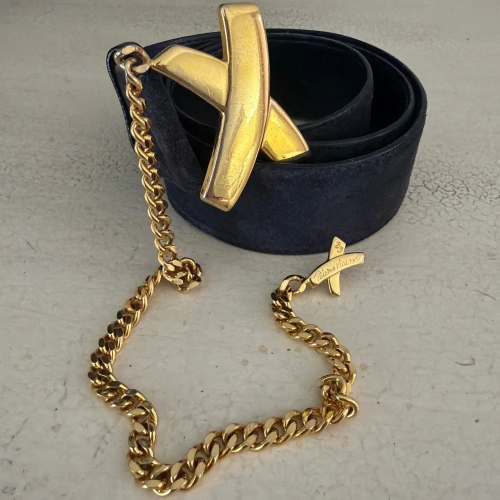Paloma Picasso Black Suede Leather Belt Gold X Buckle Chain Vintage Italy M/75
